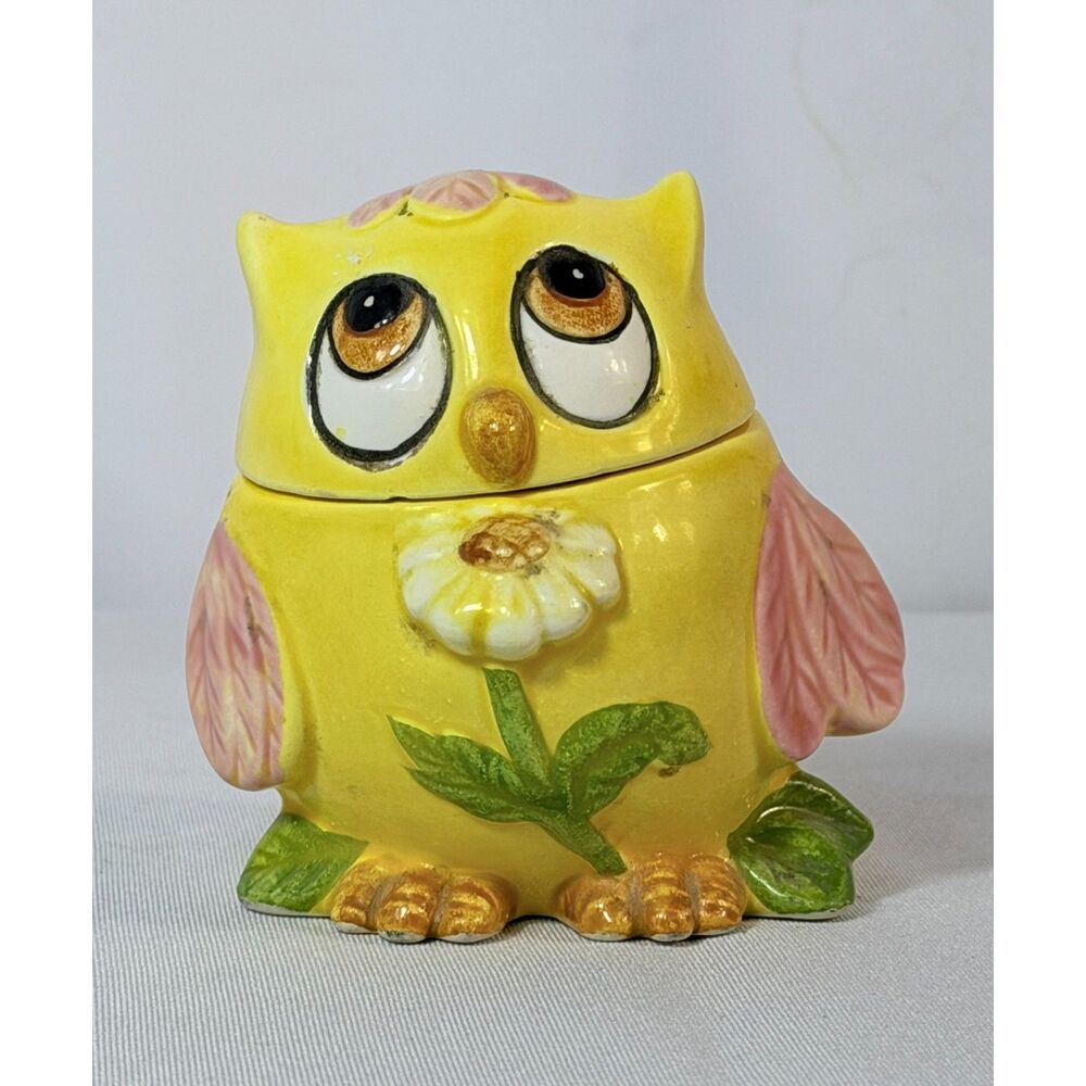 Vtg Yellow Floral Owl Pin Holder Fridge Refresher Figurine Pastel 2 Pc Japan